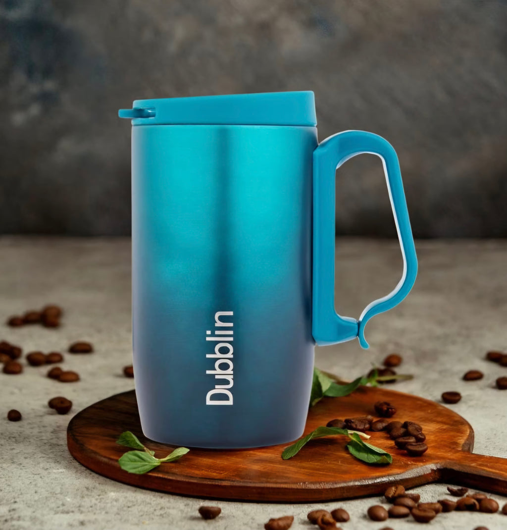 DUBBLIN Casa Stainless Steel Unbreakable Tea Coffee Mug Double Wall with Handle and Lid, Wide Mouth Mug Keeps Beverages Hot & Cold 270 ML Green