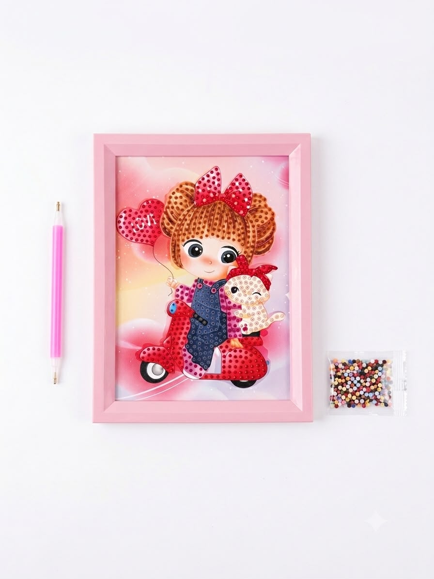 DIY 5D Cute Girl on Scooter Diamond Painting Kit –Craft Set with Frame