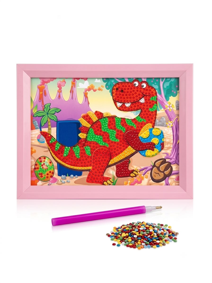 5D Red Dino Diamond Painting Kit for Kids with Wooden Frame