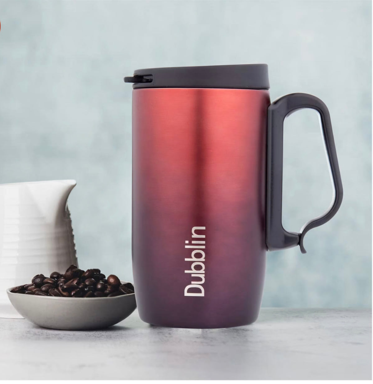 DUBBLIN Casa Stainless Steel Unbreakable Tea Coffee Mug Double Wall with Handle and Lid, Wide Mouth Mug Keeps Beverages Hot & Cold 270 ML Red