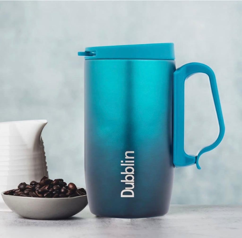DUBBLIN Casa Stainless Steel Unbreakable Tea Coffee Mug Double Wall with Handle and Lid, Wide Mouth Mug Keeps Beverages Hot & Cold 270 ML Green
