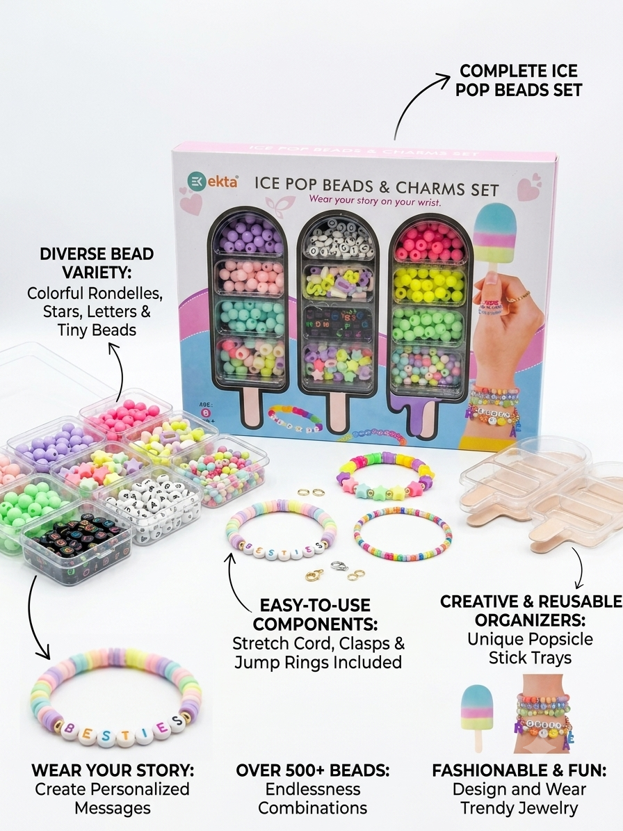 Ekta Ice Pop Beads & Charms Set for Girls DIY Jewelry Making Kit with Alphabet Heart and Star Beads
