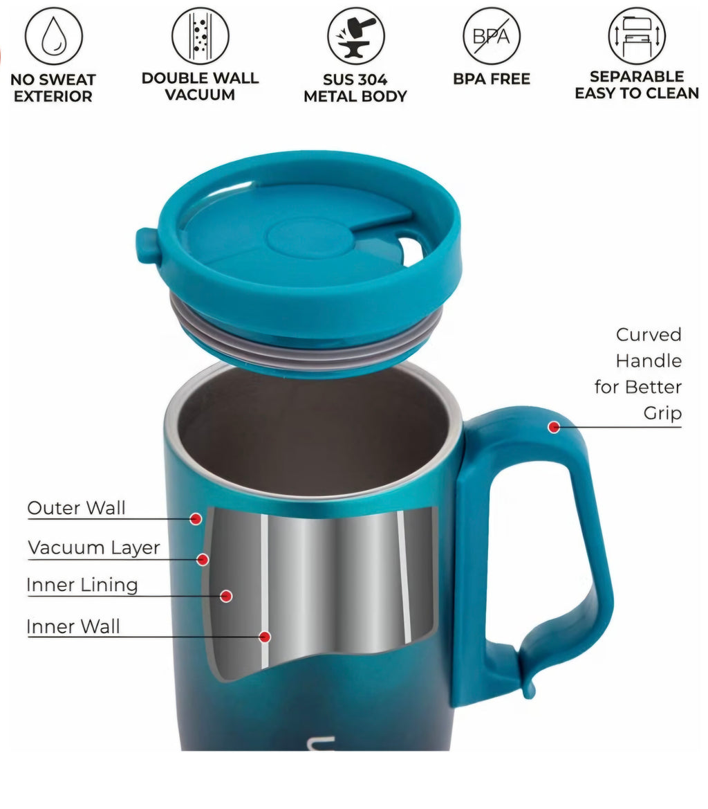 DUBBLIN Casa Stainless Steel Unbreakable Tea Coffee Mug Double Wall with Handle and Lid, Wide Mouth Mug Keeps Beverages Hot & Cold 270 ML Green
