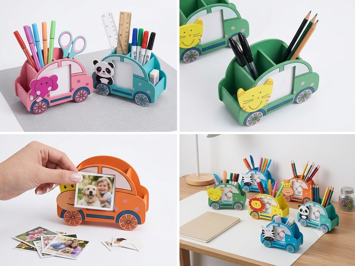 Car Shaped Wooden Stationary/Pencil Holder with Photo Frame + Message Holder (Pack of 5)