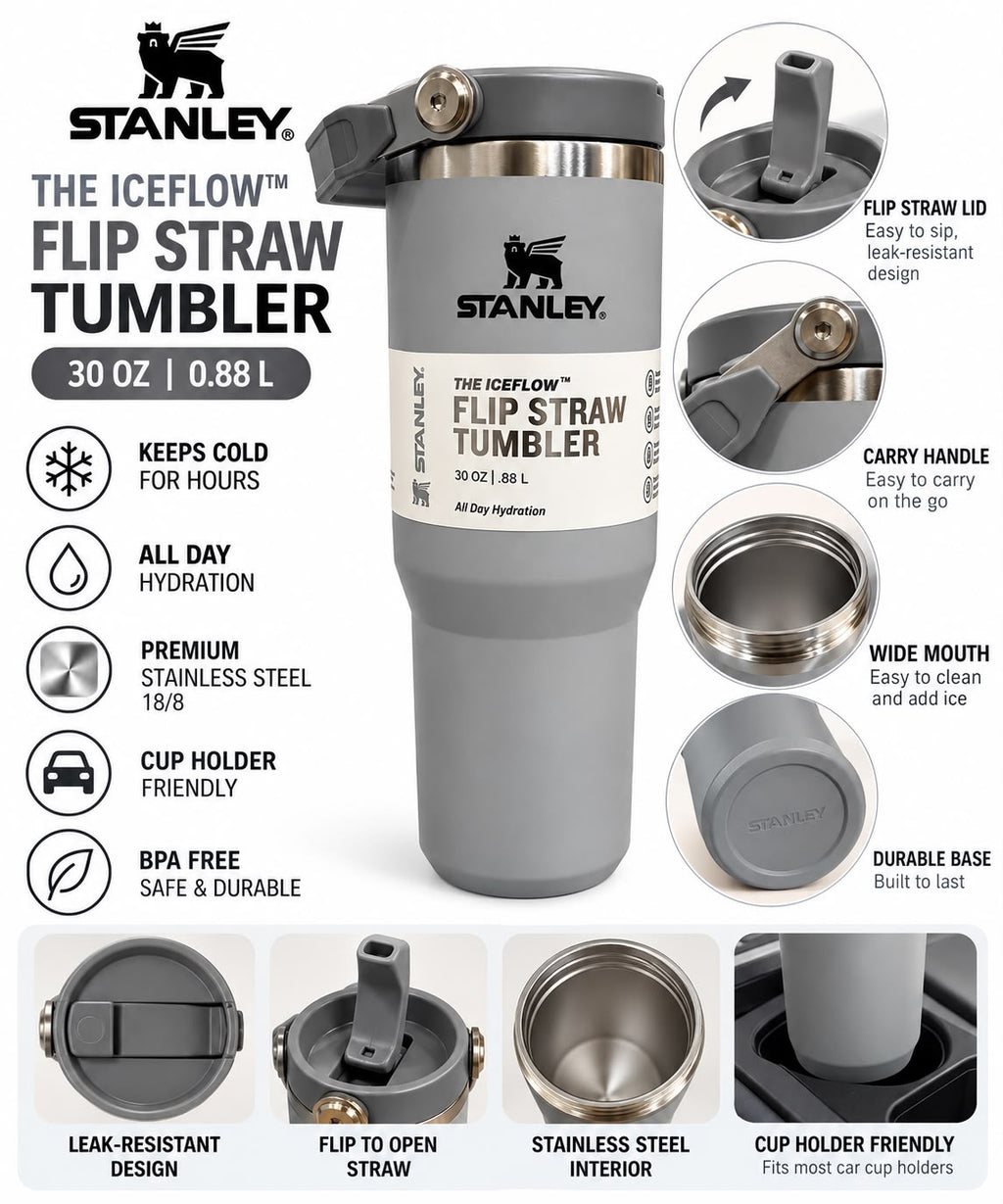 Stanley Quencher H2.0 Flow State Tumbler, 30 oz,Ash Handle and Straw-880ml