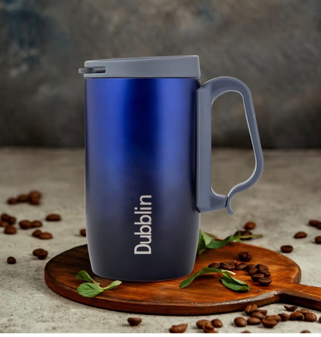DUBBLIN Casa Stainless Steel Unbreakable Tea Coffee Mug Double Wall with Handle and Lid, Wide Mouth Mug Keeps Beverages Hot & Cold 270 ML Blue