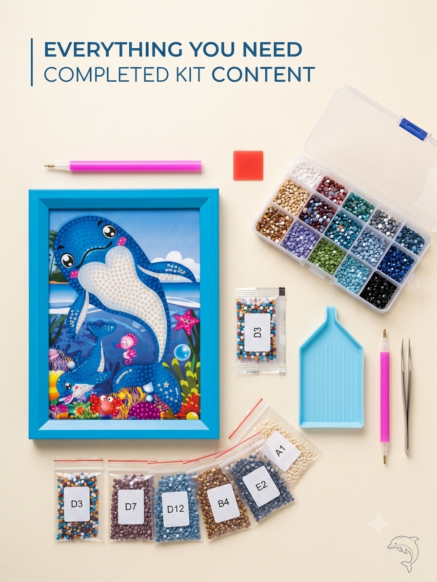 DIY 5D Blue Dolphin Diamond Painting Kit for Kids with Wooden Frame