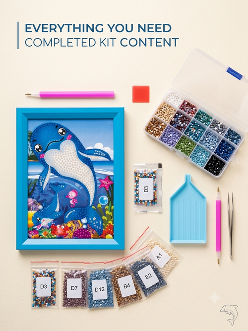 5D Blue Dolphin Diamond Painting Kit for Kids with Wooden Frame