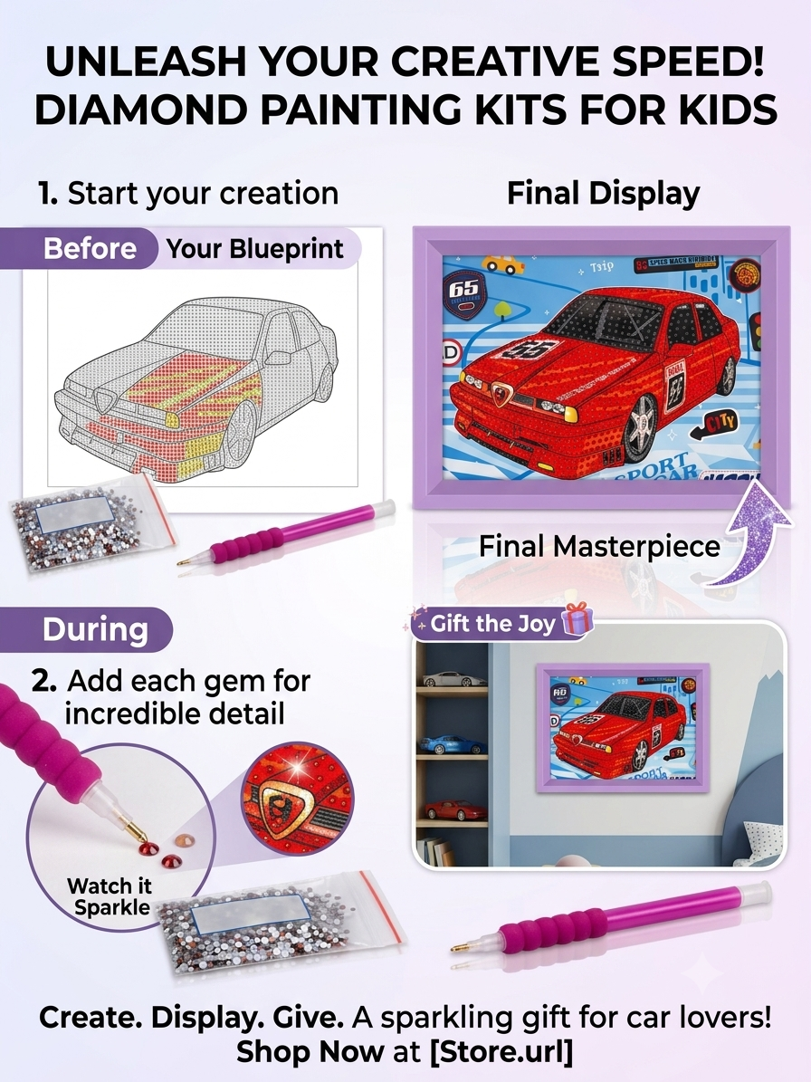 5D Red Car Diamond Painting Kit for Kids with Wooden Frame