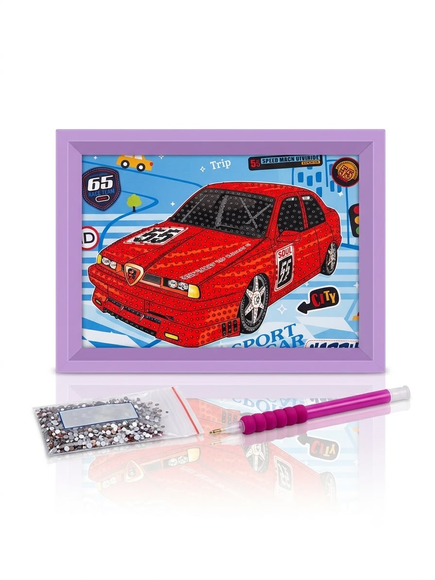 5D Red Car Diamond Painting Kit for Kids with Wooden Frame