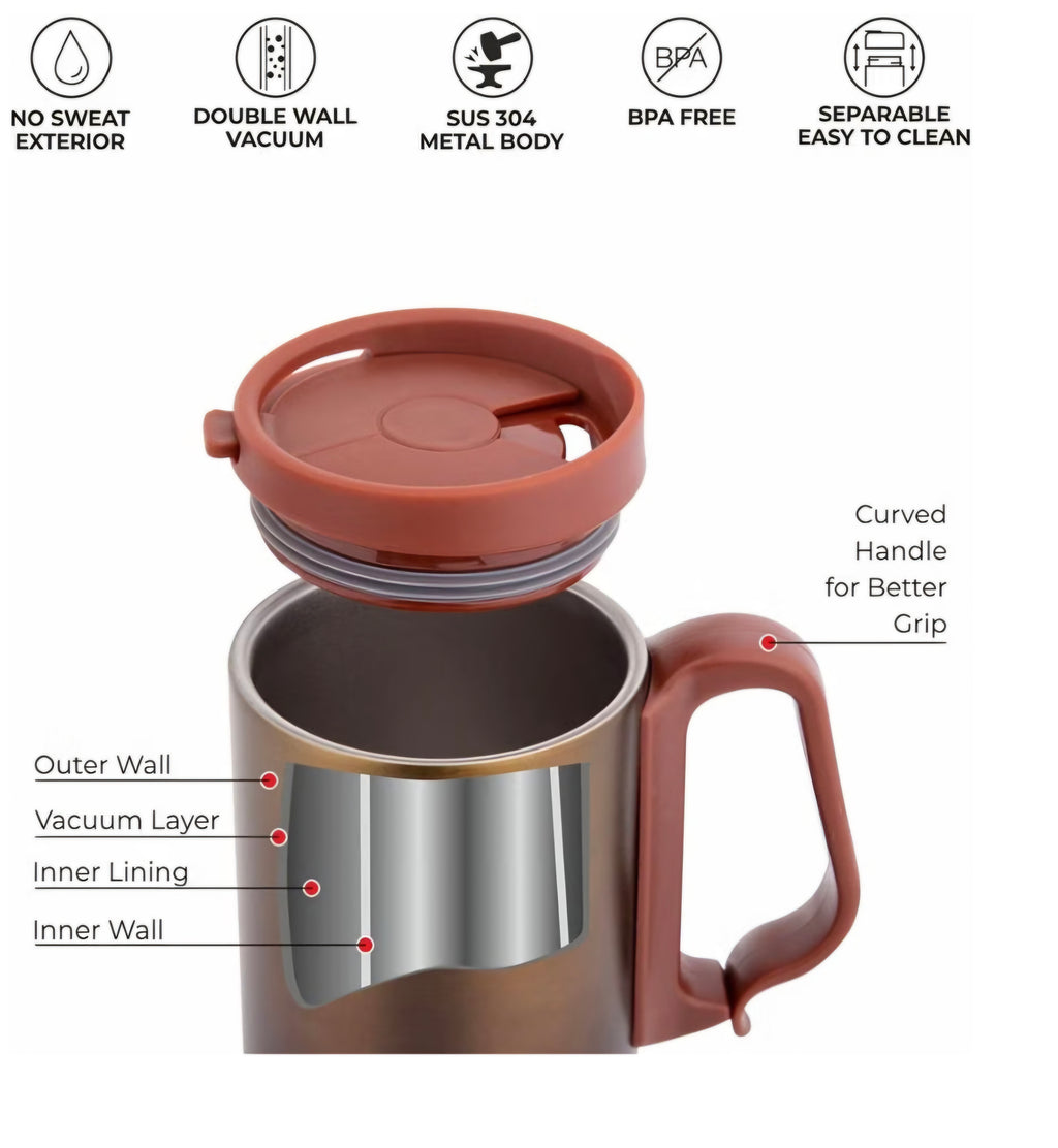 DUBBLIN Casa Stainless Steel Unbreakable Tea Coffee Mug Double Wall with Handle and Lid, Wide Mouth Mug Keeps Beverages Hot & Cold 270 ML Gold