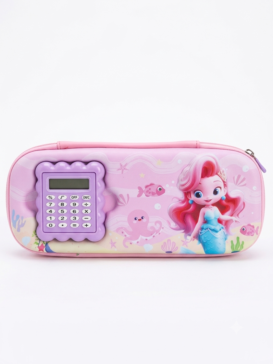 Mermaid Printed 3D Cover Pink Pencil Case with Calculator