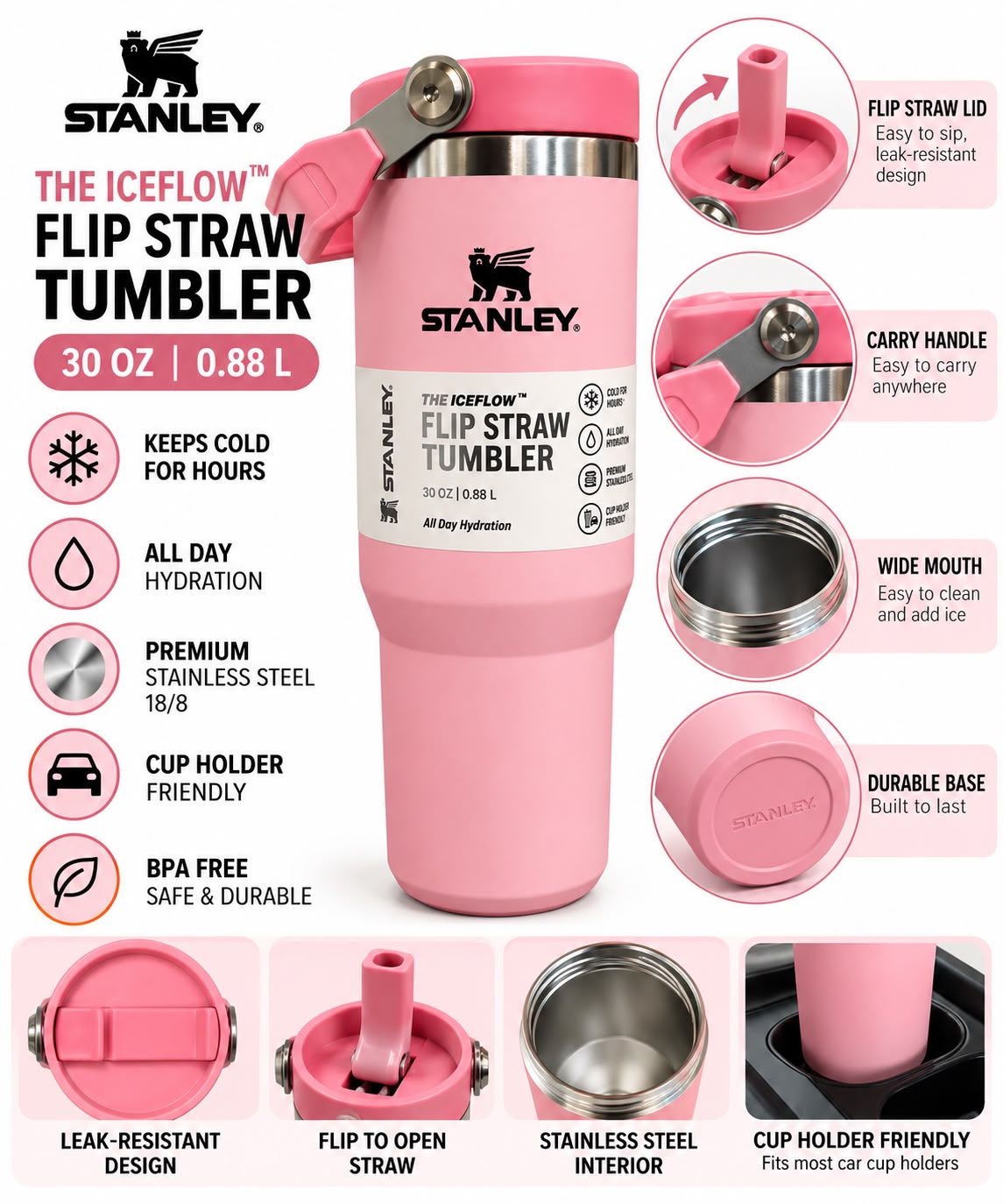 Stanley Quencher H2.0 Flow State Tumbler, 30 oz, Pink Handle and Straw-880ml