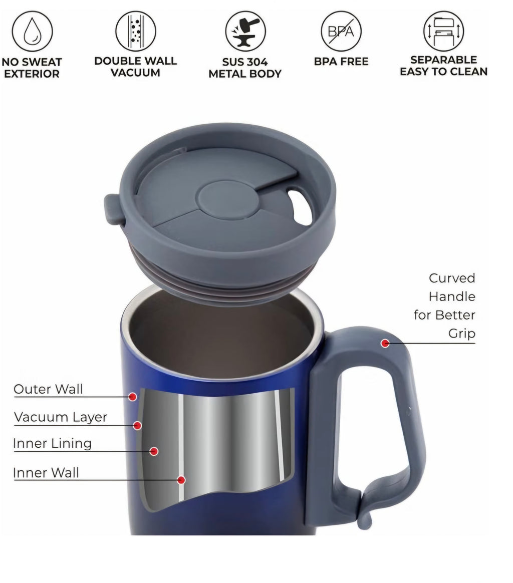 DUBBLIN Casa Stainless Steel Unbreakable Tea Coffee Mug Double Wall with Handle and Lid, Wide Mouth Mug Keeps Beverages Hot & Cold 270 ML Blue
