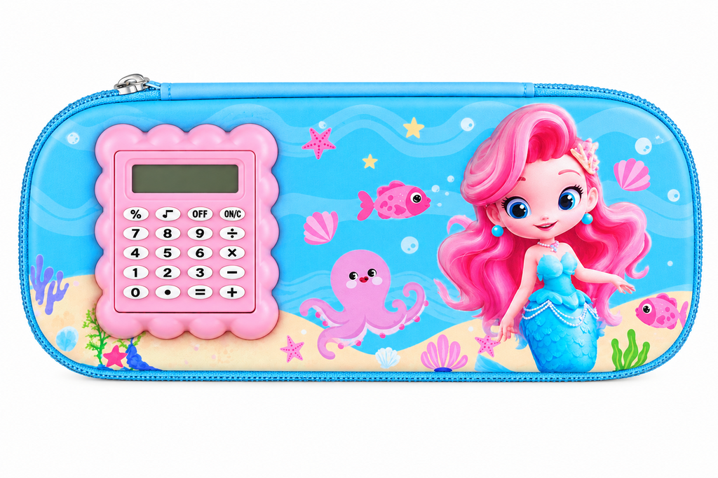 Mermaid Printed 3D Cover Blue Pencil Case with Calculator