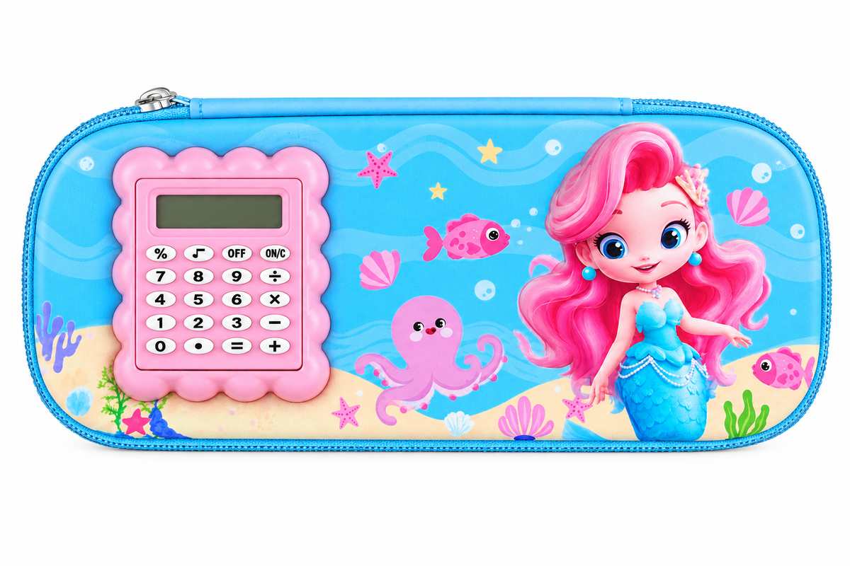 Mermaid Printed 3D Cover Blue Pencil Case with Calculator