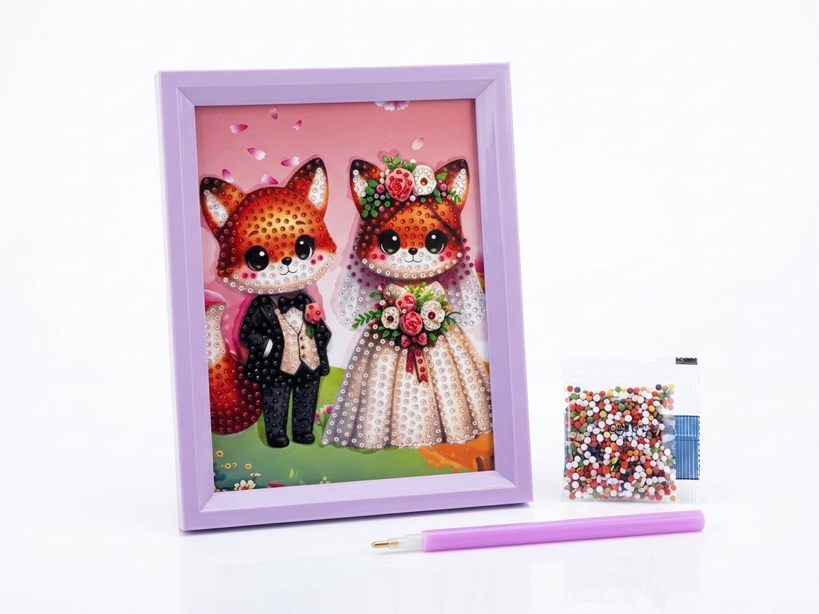 DIY 5D Cute Fox Couple Painting Kit for Kids with Wooden Frame