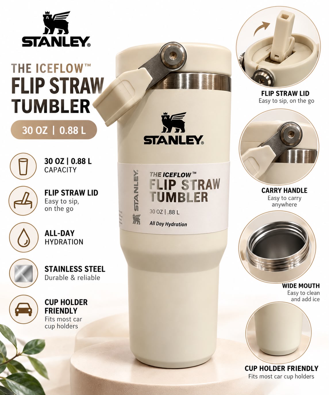 Stanley Quencher H2.0 Flow State Tumbler, 30 oz,Almond Handle and Straw -880ml