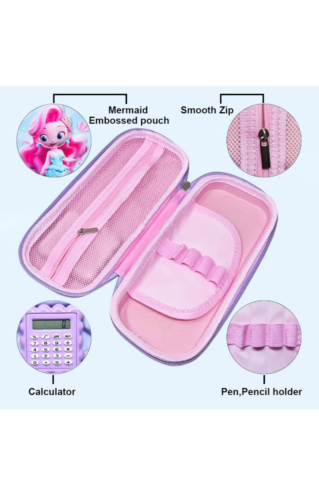 Mermaid Printed 3D Cover Pink Pencil Case with Calculator