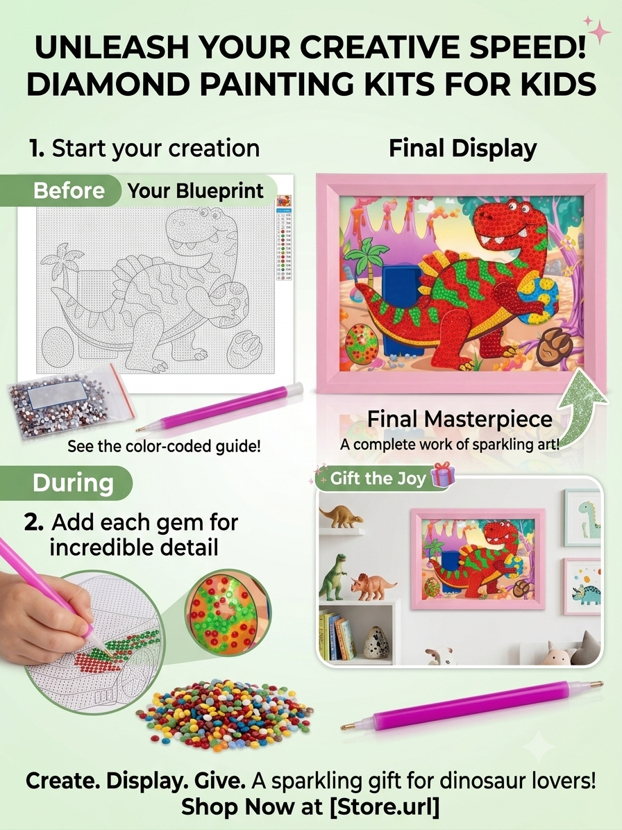 5D Red Dino Diamond Painting Kit for Kids with Wooden Frame