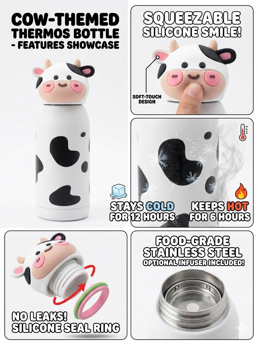 Stainless Steel Kids White Cow Water Bottle with 400ML