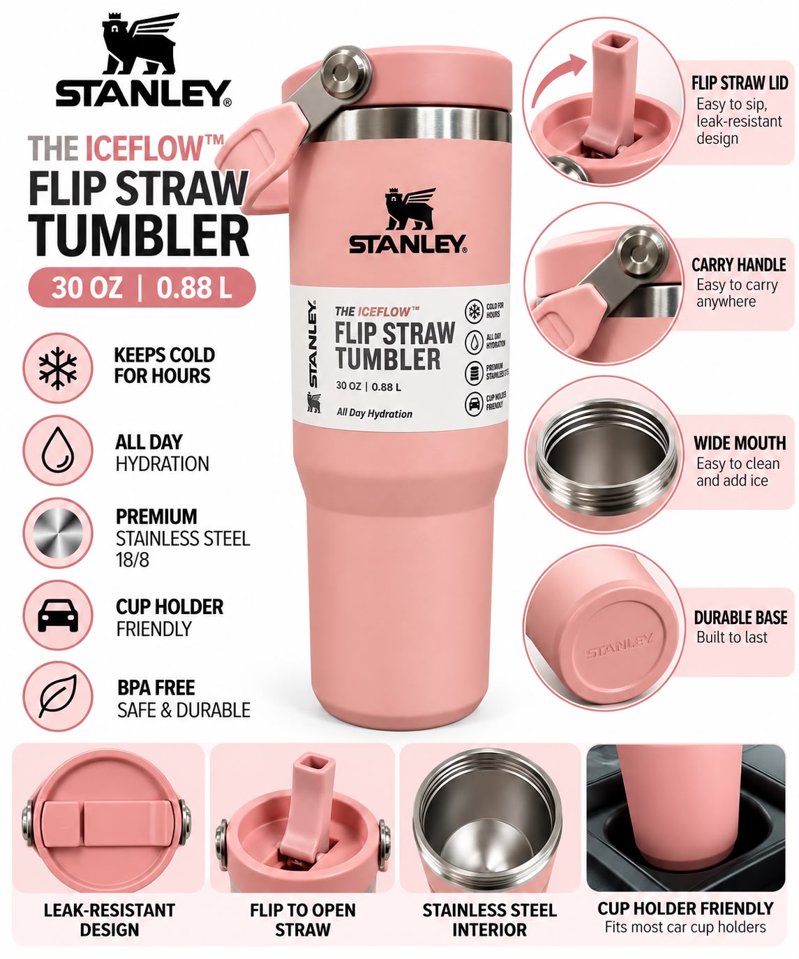 Stanley Quencher H2.0 Flow State Tumbler, 30 oz,Mauve Handle and Straw-880ml