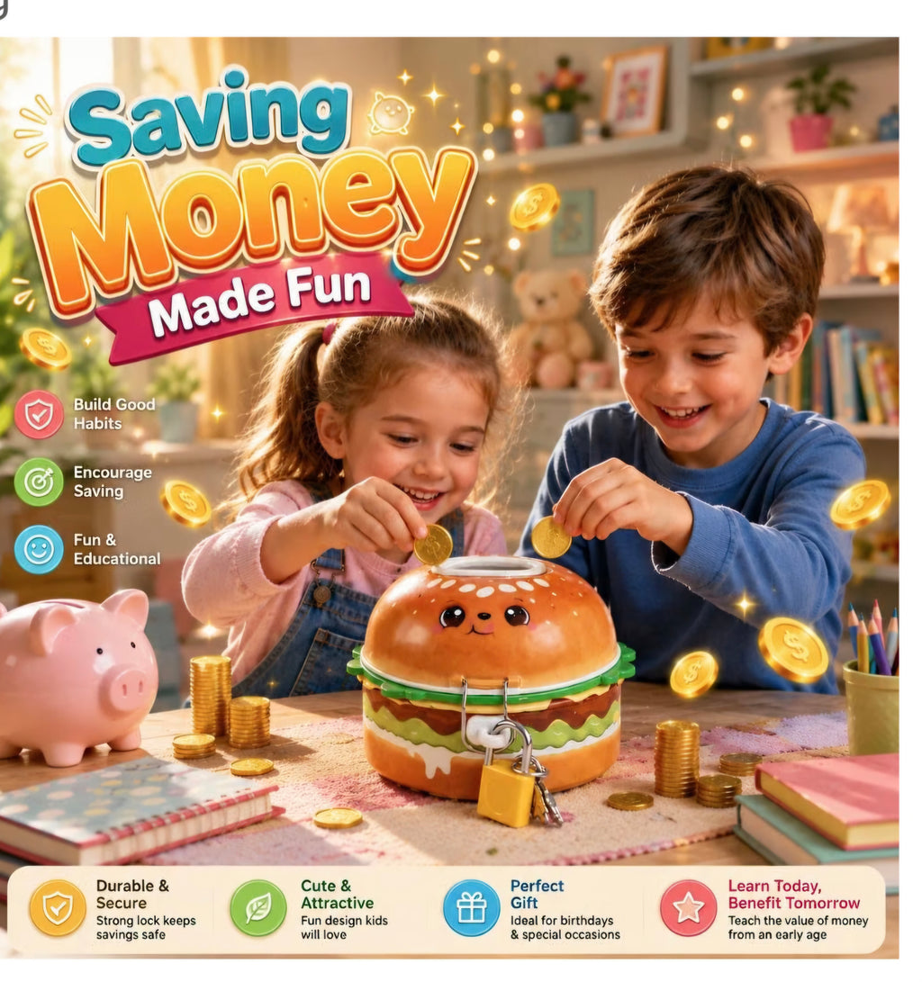 Cute Burger Shape Coin Box with Lock & Key