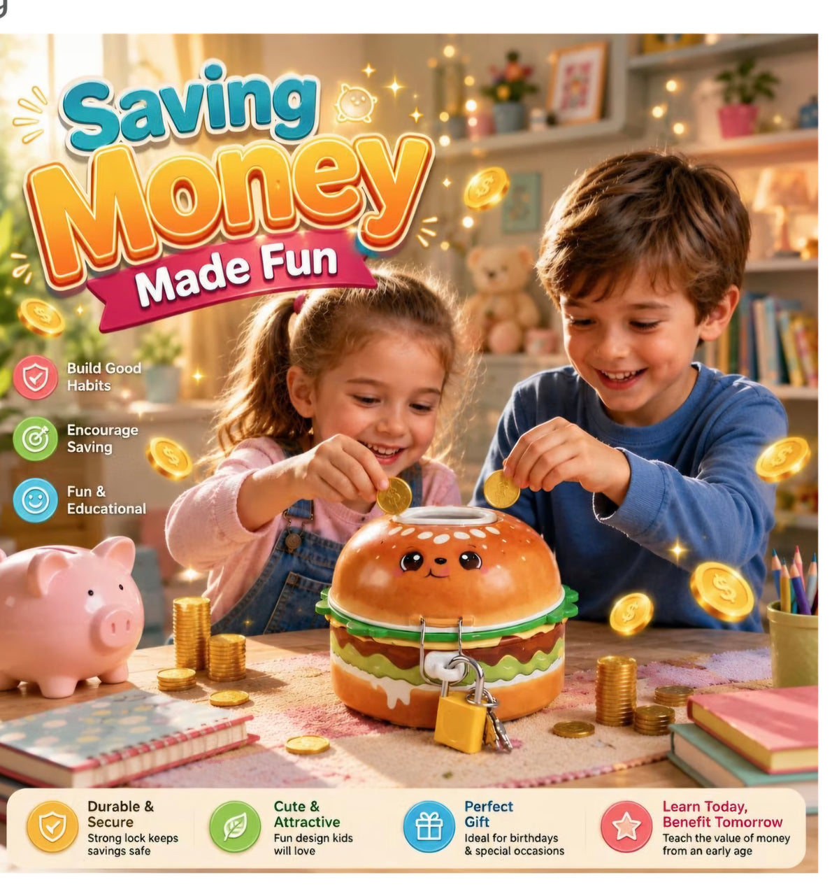 Cute Burger Shape Coin Box with Lock & Key
