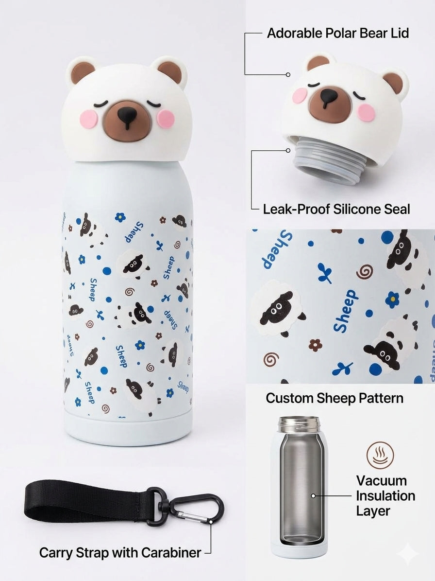 Stainless Steel Kids White Teddy Water Bottle with 400ML