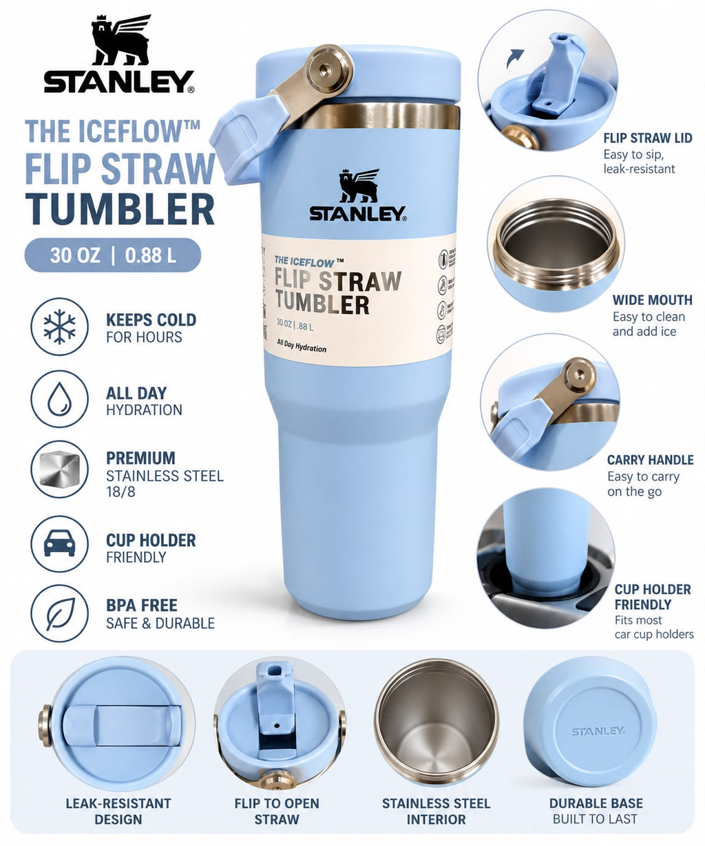 Stanley Quencher H2.0 Flow State Tumbler, 30 oz, Blue Stone Handle and Straw-880ml