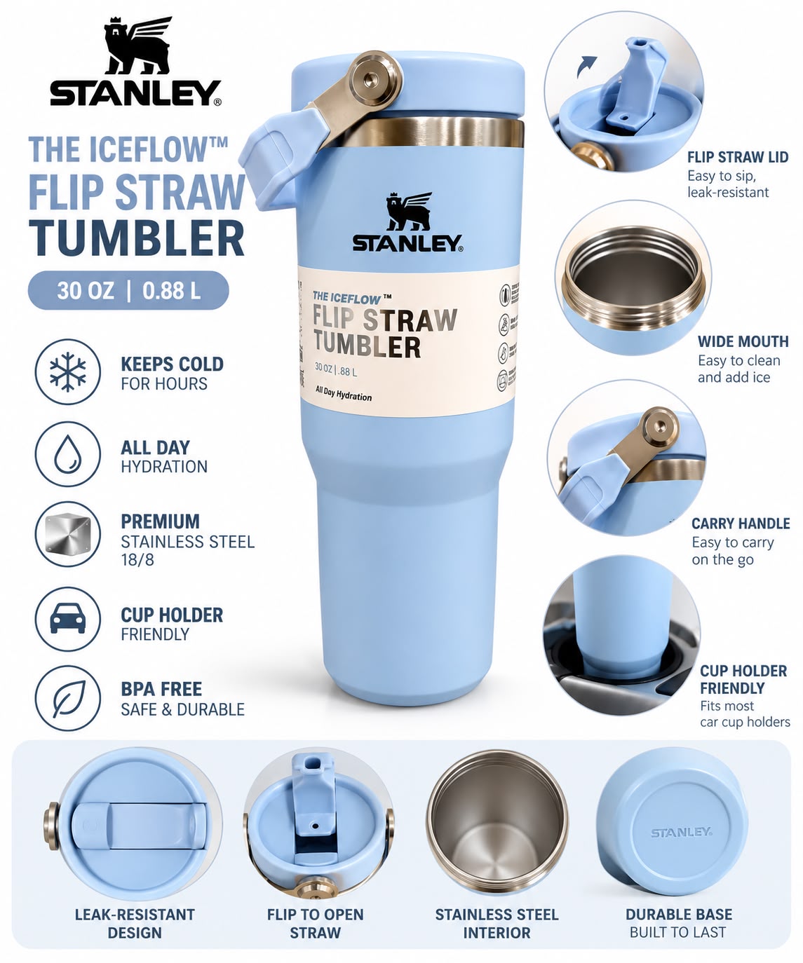 Stanley Quencher H2.0 Flow State Tumbler, 30 oz, Blue Stone Handle and Straw-880ml